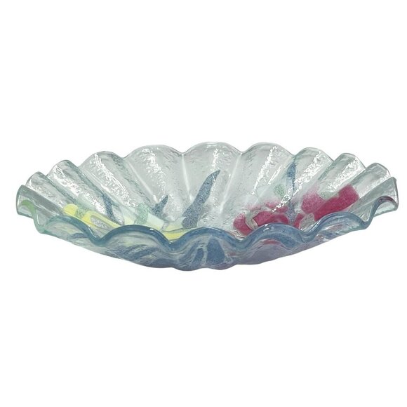 Vtg Sydenstricker Fused Art Glass Iris Floral Ruffled Edge 8" Trinket Bowl Plate - Picture 6 of 11
